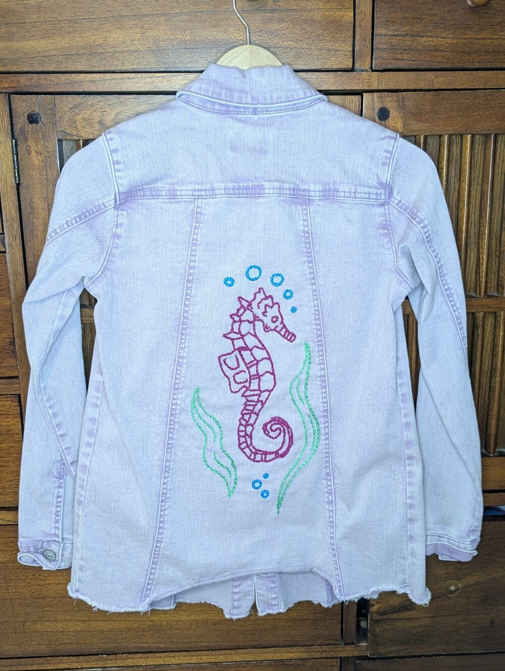 Purple Denim Jacket With Seahorse Design